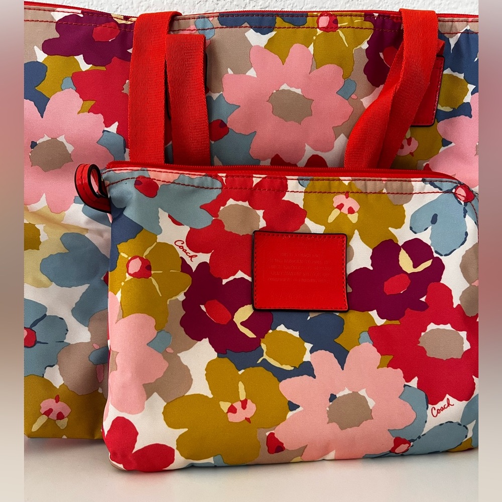 Coach Floral Nylon Tote and Pouch Set - Red, Pink, Blue, Mustard, Cream - Picture 3 of 7
